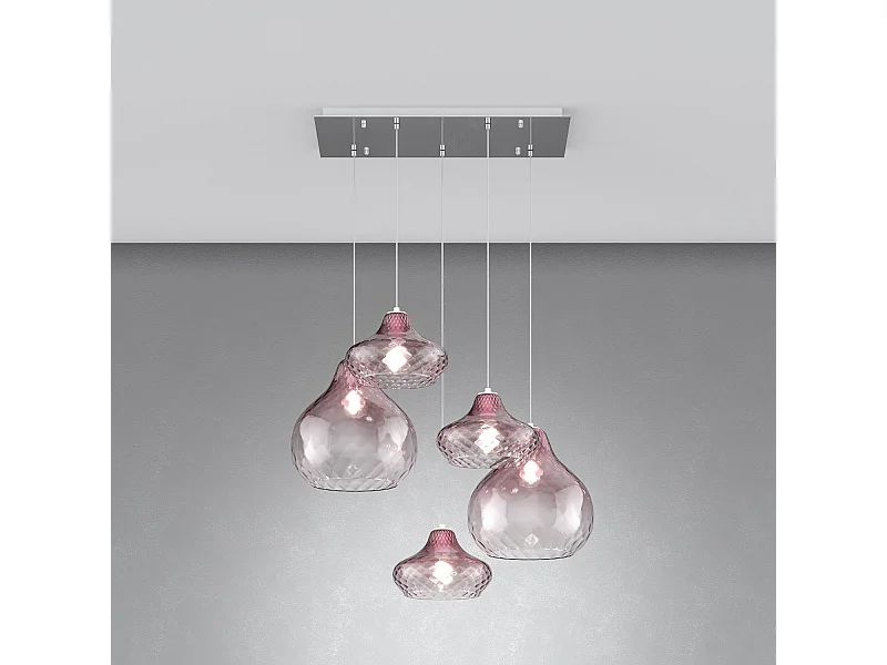 Sosp. Cromo 5 Luci Rettangolare Vetri (3 X Piccolo + 2 X Grande) Tutti Rubino