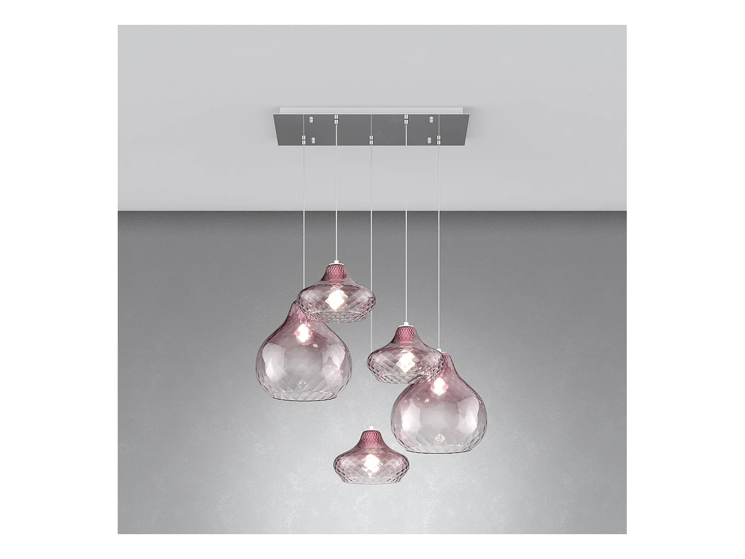 Sosp. Cromo 5 Luci Rettangolare Vetri (3 X Piccolo + 2 X Grande) Tutti Rubino