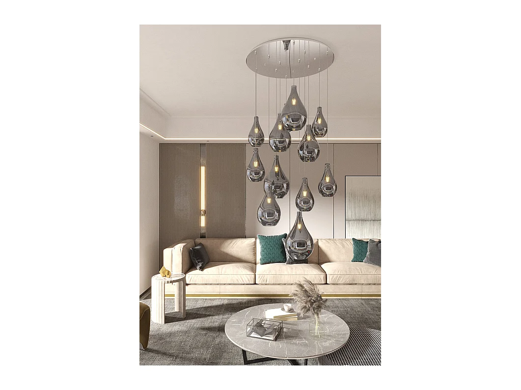 Sosp. Cromo 12 Luci Tonda Vetri Piccoli Fume'