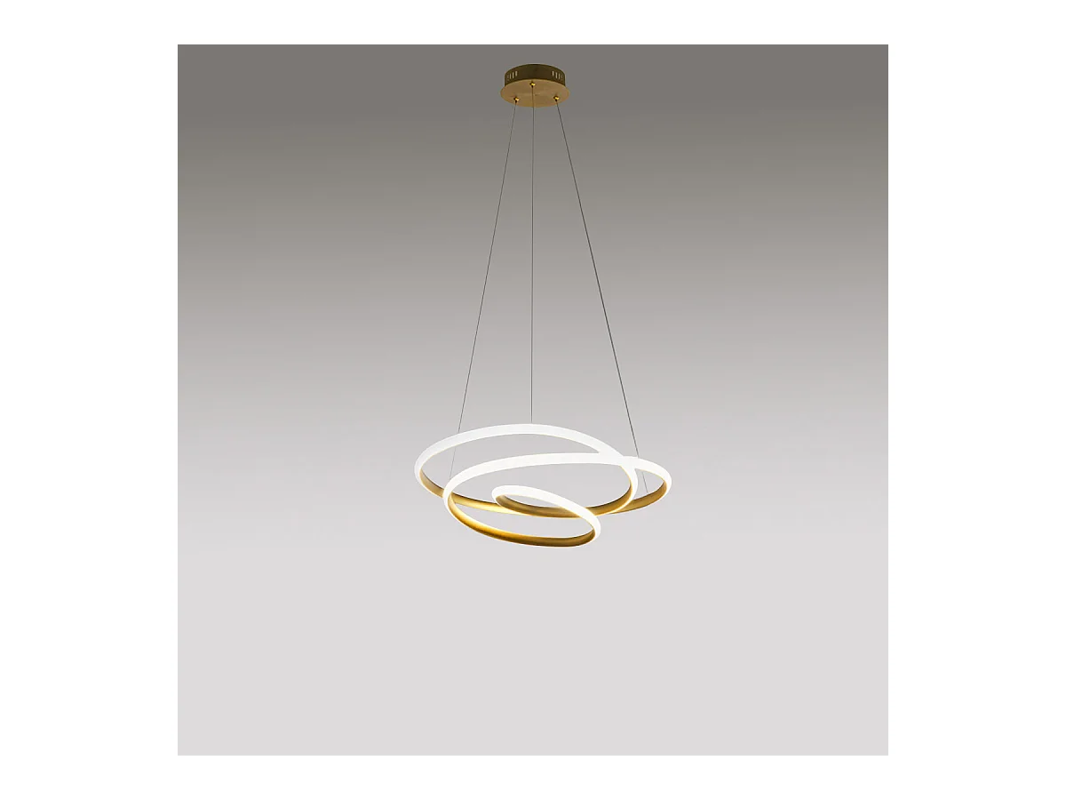 Diva – Dimmbare 39-W-LED-Pendelleuchte – Modernes Design aus gebürstetem Goldaluminium, 3000 K warmes Licht, ineinander verschlungene Ringe, D. 50 cm