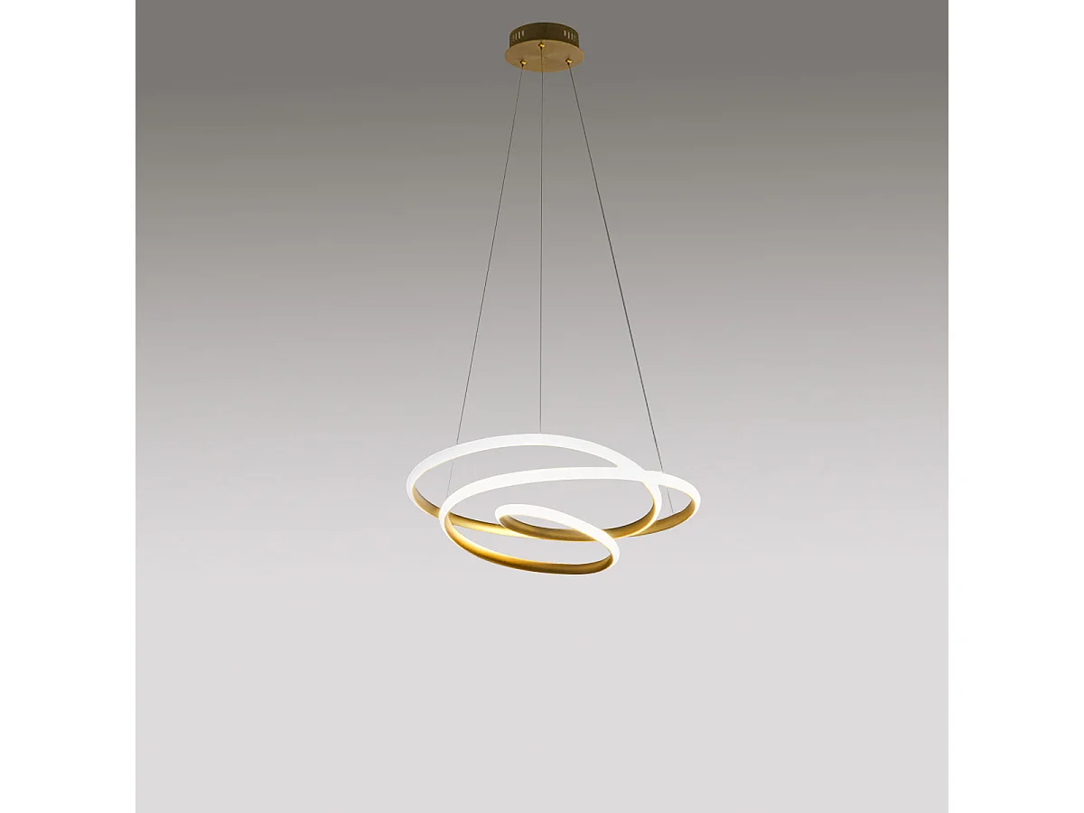 Diva - 39W dimmable LED pendant lamp - Modern design in brushed gold aluminum, 3000K warm light, 50cm diameter intertwined rings