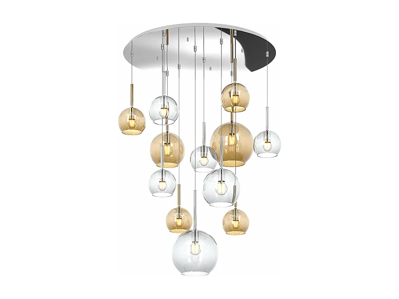 Sosp. Cr Tonda 12 Luci Vetri (2 Grande(1X Am+1X Tr) +2 Medio(1X Am+1X Tr) +8 Piccolo (4X Am+4X Tr))