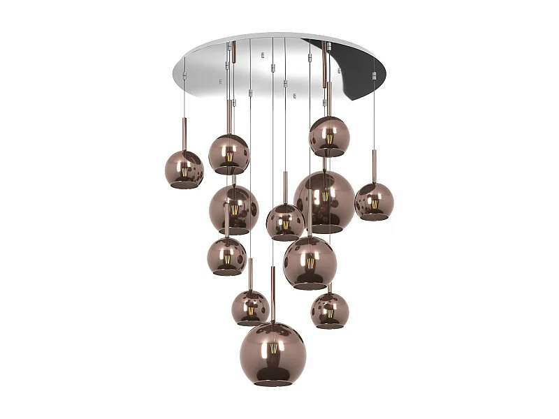 Sosp. Cromo Tonda 12 Luci Vetri (2 Grande+2 Medio +8 Piccolo) Tutti Rame
