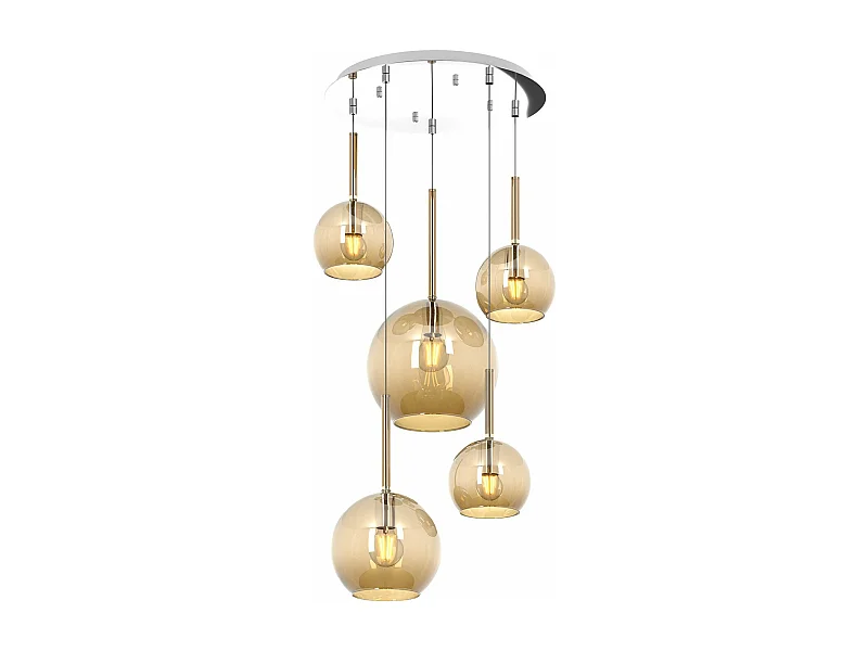 Sosp. Cromo Tonda 5 Luci Vetri (1 Grande+1 Medio+3 Piccolo) Tutti Ambra