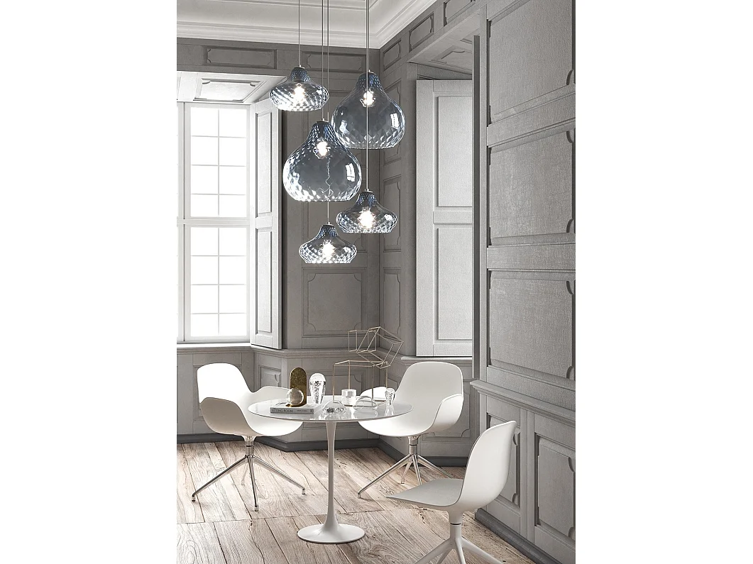 Sosp. Cromo 5 Luci Tonda Vetri (3 X Piccolo + 2 X Grande) Tutti Zaffiro