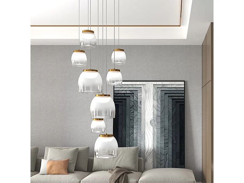 Drum Sosp. Tonda Bianco 8 Luci Vetri 5 Pic. + 3 Gr. Decoro Oro Opaco