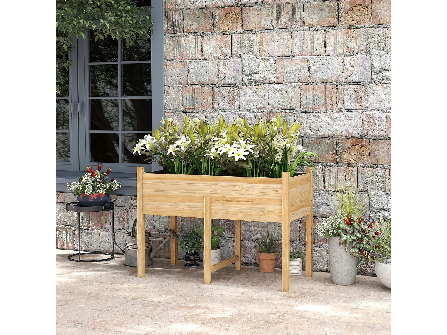 Mesa de Cultivo Elevada de Madeira 115x55x80 cm com Tecido para Plantas e Flores