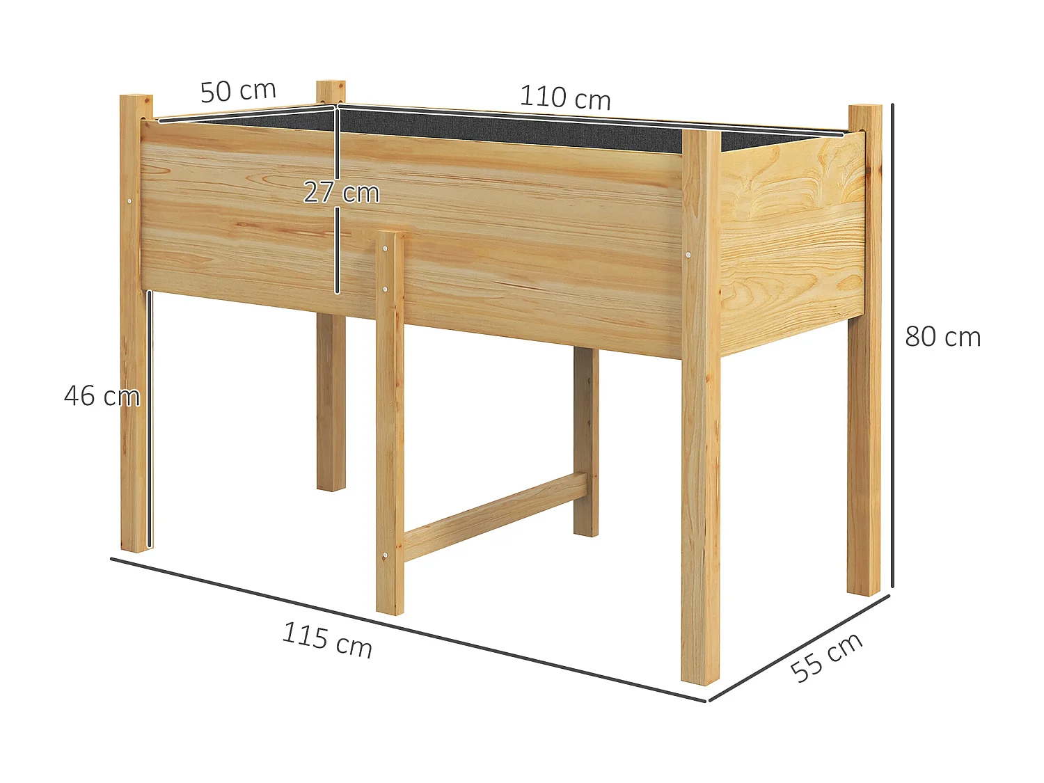 Mesa de Cultivo Elevada de Madeira 115x55x80 cm com Tecido para Plantas e Flores