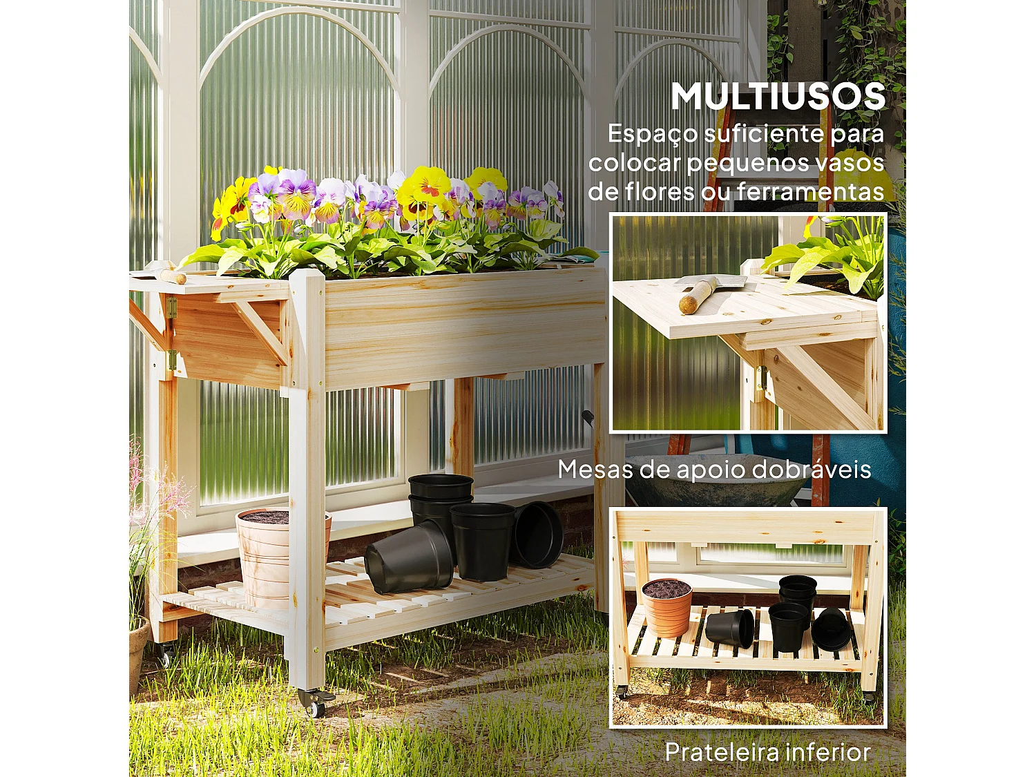 Floreira de Madeira Coimbra com Rodas – Ideal para Cultivo de Flores e Vegetais em Jardins e Varandas