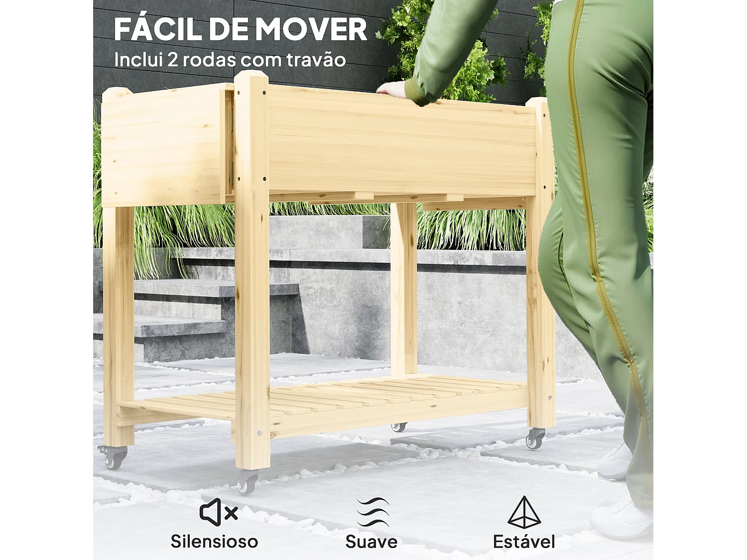 Floreira de Madeira Coimbra com Rodas – Ideal para Cultivo de Flores e Vegetais em Jardins e Varandas