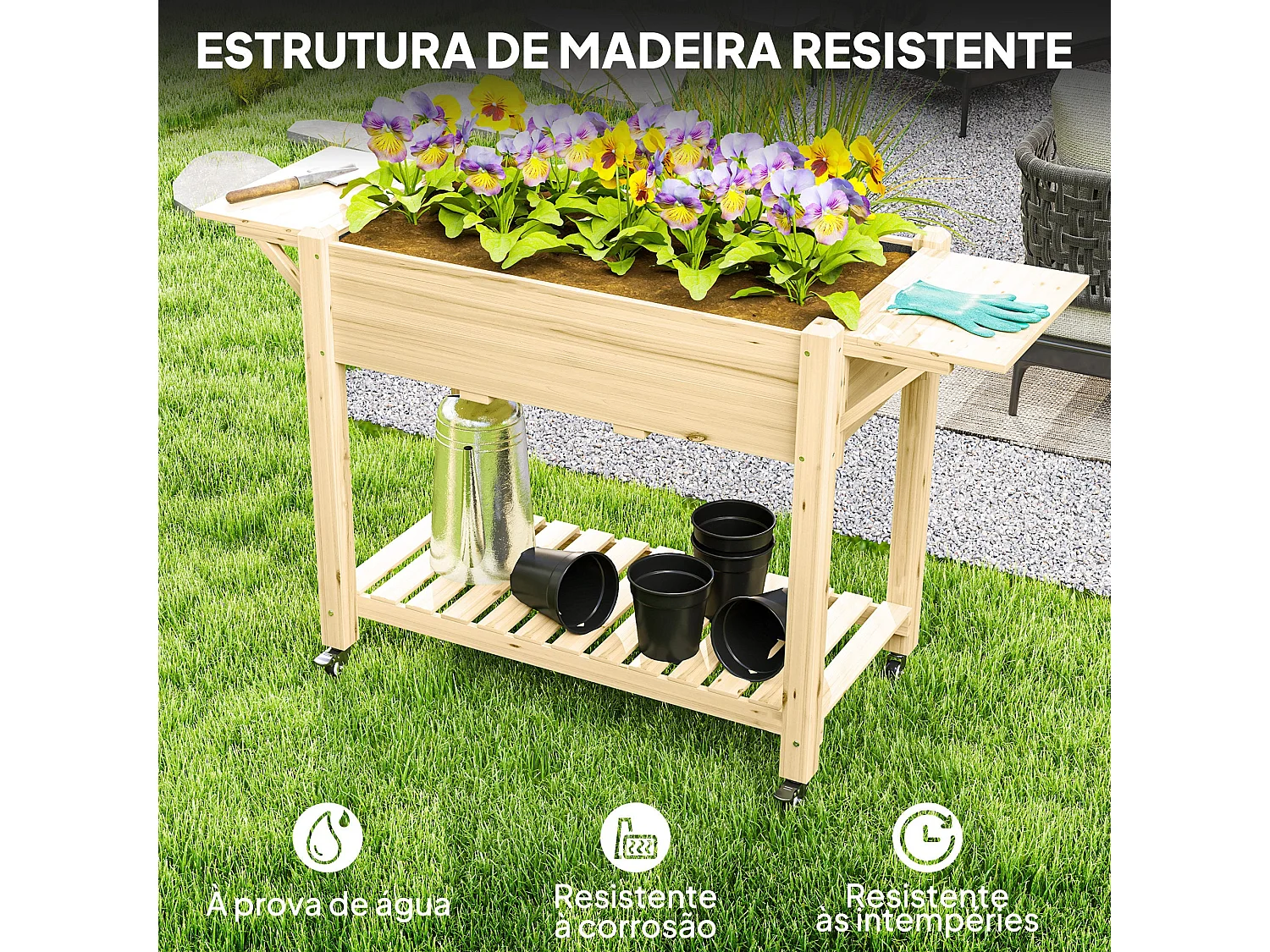 Floreira de Madeira Coimbra com Rodas – Ideal para Cultivo de Flores e Vegetais em Jardins e Varandas