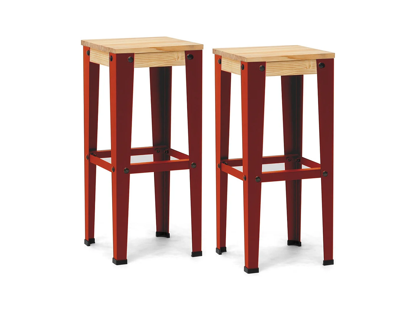 Pack 2 Uds. Taburetes Lunds Rojos en madera maciza de pino acabado natural estilo nórdico industrial Box Furniture