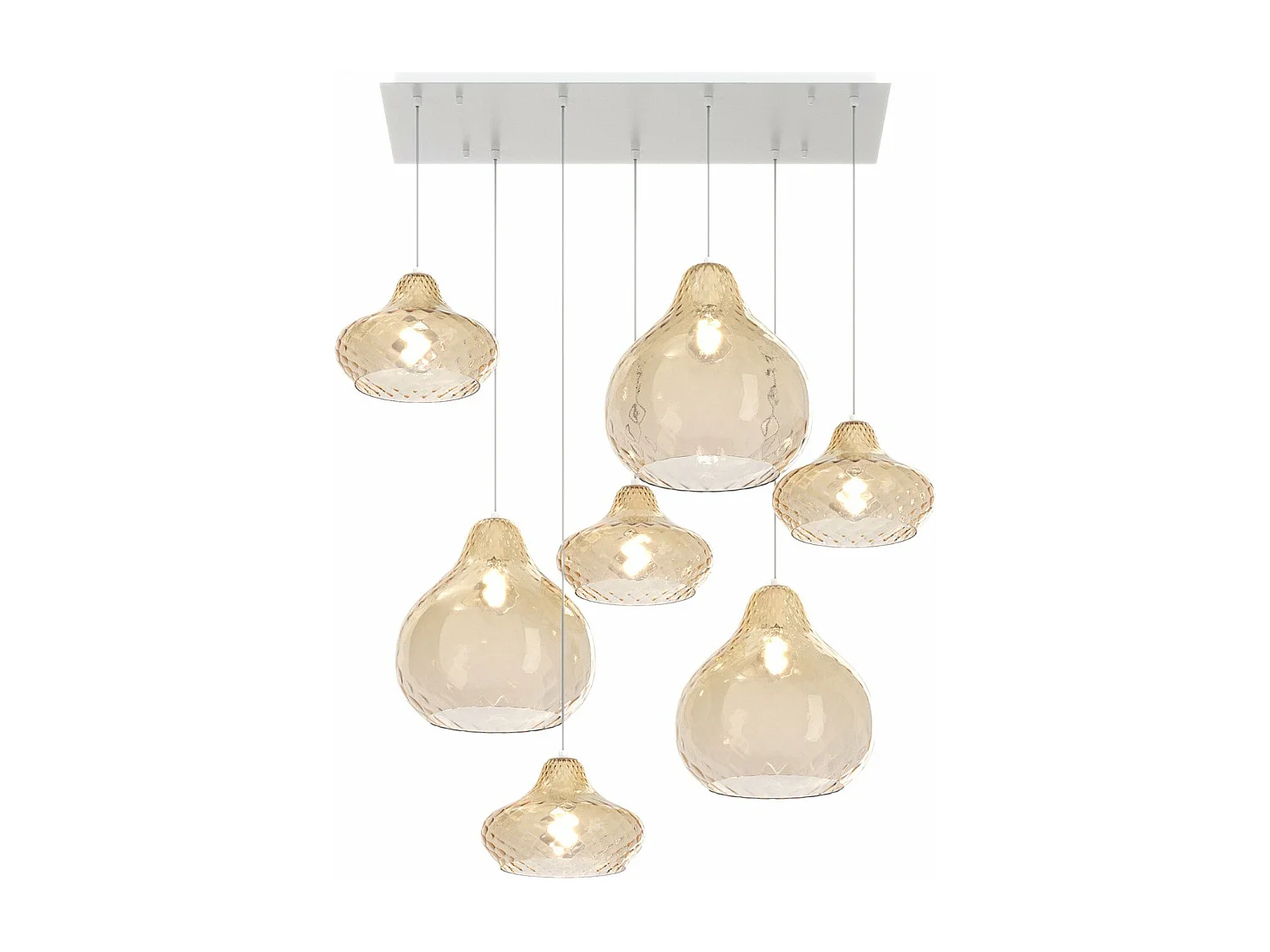 Sosp. Bianco 7 Luci Rettangolare Vetri (4 X Piccolo + 3 X Grande) Tutti Ambra