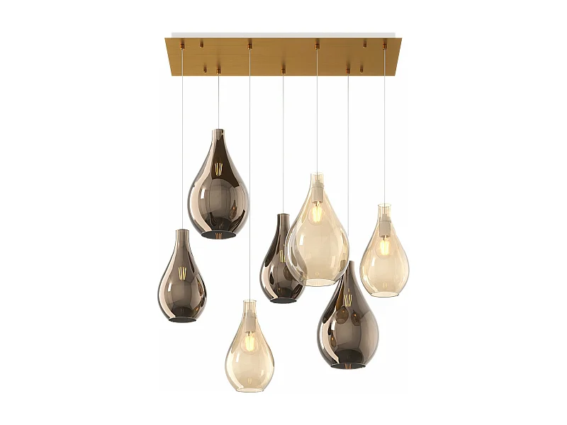 Sosp. Ottone Sat. 7 Luci Rettangolare Vetri (4 Piccoli (2Xam+2Xbr)+3 Medi (1Xam+2Xbr))