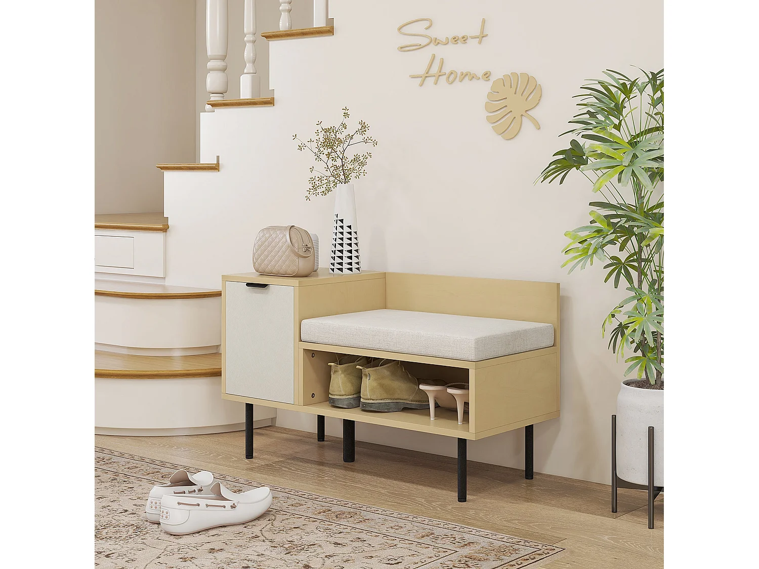 Banco zapatero Tokio Homcom con puerta + compartimento + cojín natural 47x80x35 cm