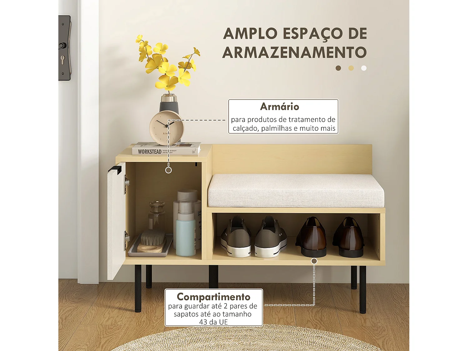 Banco zapatero Tokio Homcom con puerta + compartimento + cojín natural 47x80x35 cm