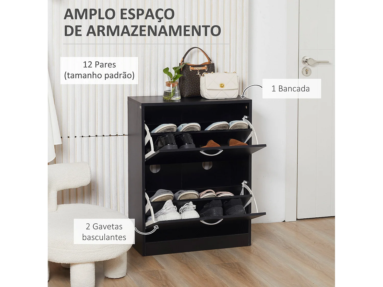 Zapatero Heracles Homcom 2 puertas 8 pares de zapatos negro 80x60x24 cm