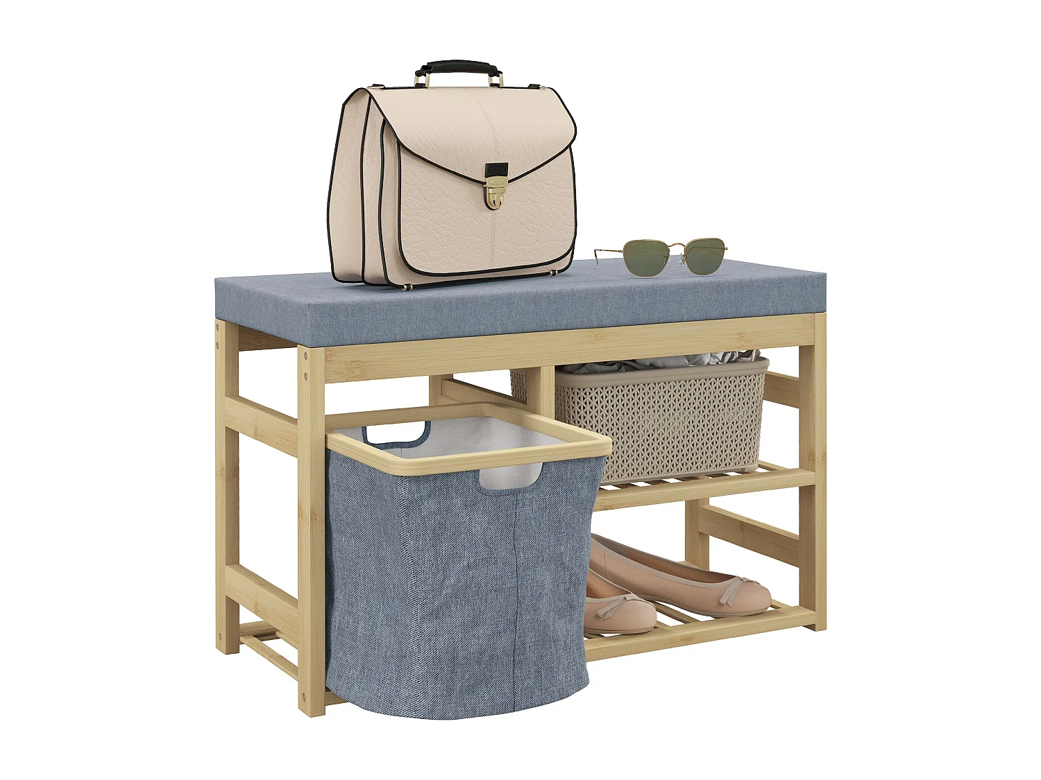 Banco zapatero Bamboo Homcom cesta extraíble + 2 estantes natural 45x69x30 cm