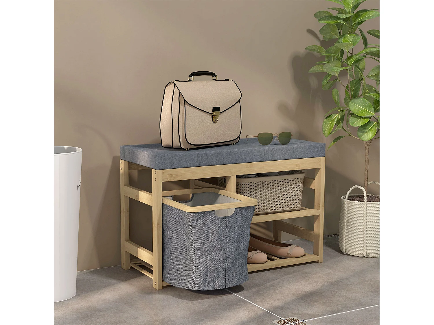 Banco zapatero Bamboo Homcom cesta extraíble + 2 estantes natural 45x69x30 cm