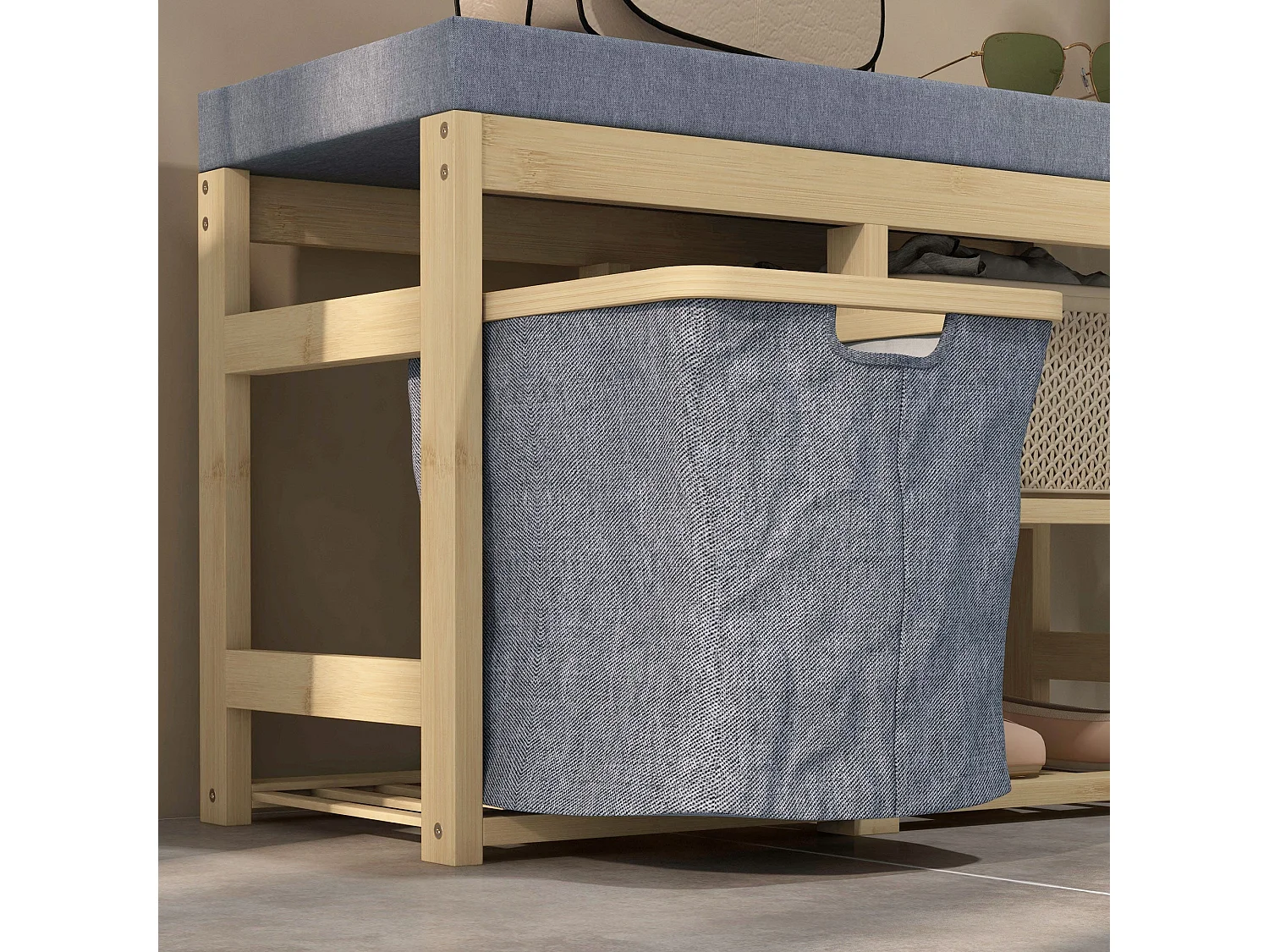 Banco zapatero Bamboo Homcom cesta extraíble + 2 estantes natural 45x69x30 cm