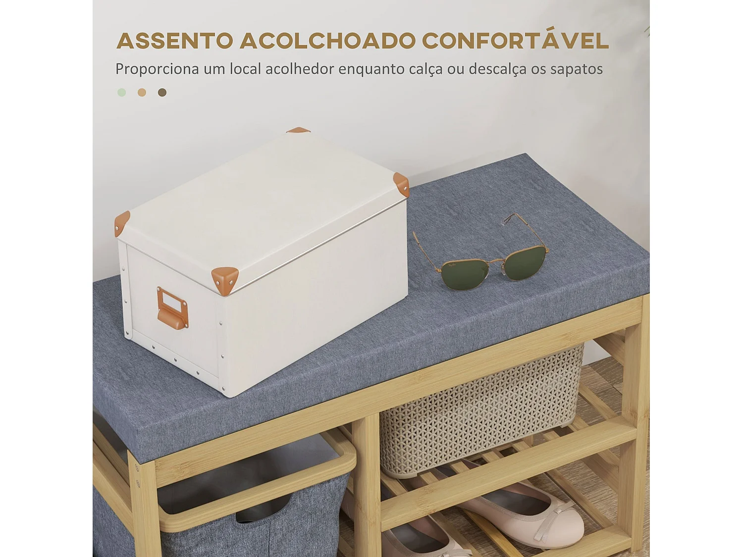 Banco zapatero Bamboo Homcom cesta extraíble + 2 estantes natural 45x69x30 cm