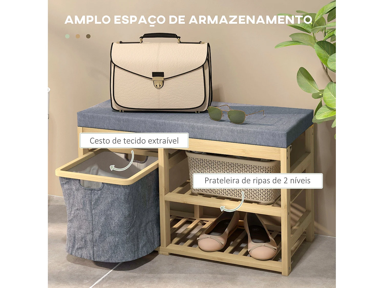 Banco zapatero Bamboo Homcom cesta extraíble + 2 estantes natural 45x69x30 cm