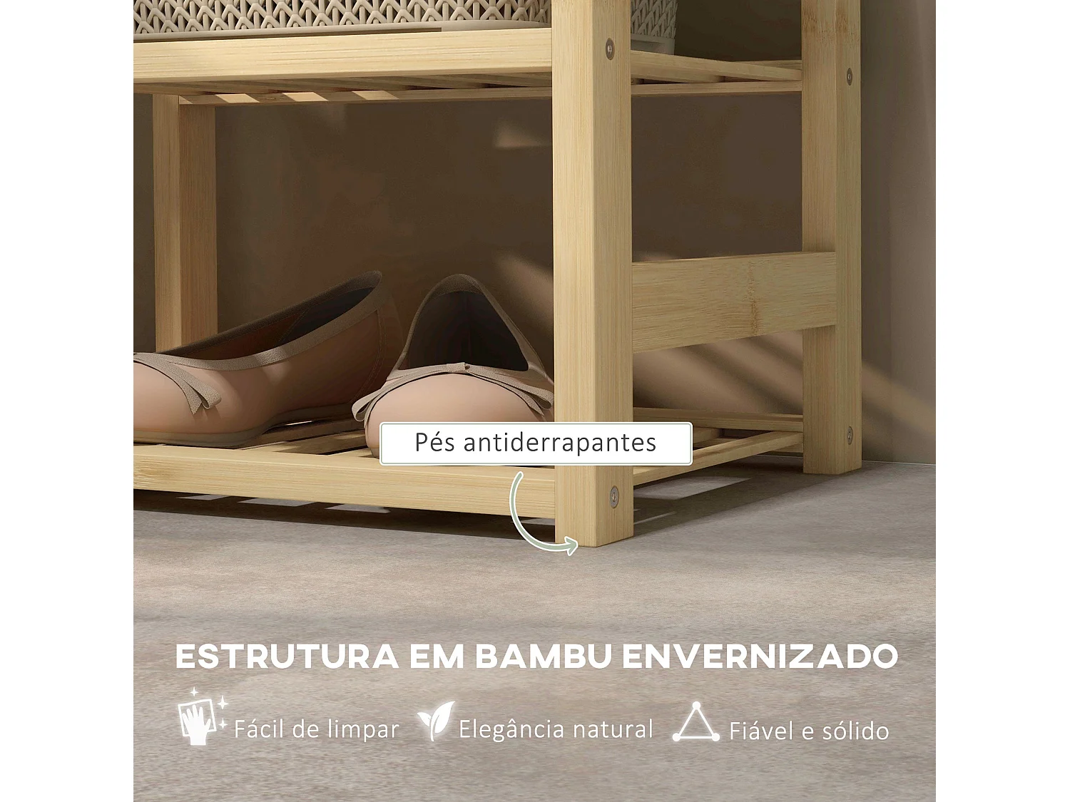 Banco zapatero Bamboo Homcom cesta extraíble + 2 estantes natural 45x69x30 cm