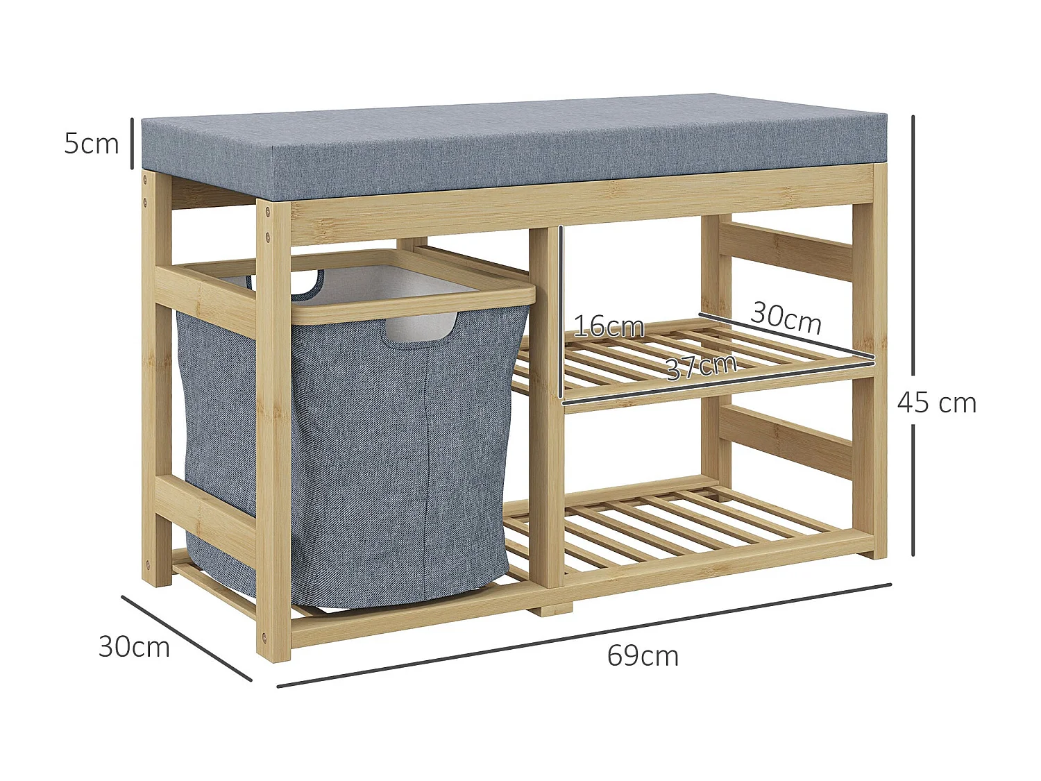 Banco zapatero Bamboo Homcom cesta extraíble + 2 estantes natural 45x69x30 cm