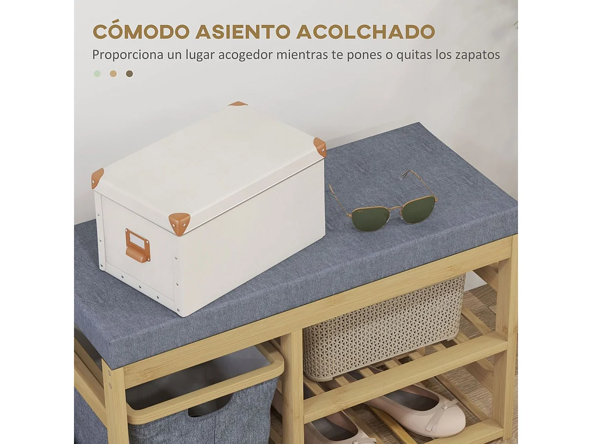 Banco zapatero Bamboo Homcom cesta extraíble + 2 estantes natural 45x69x30 cm