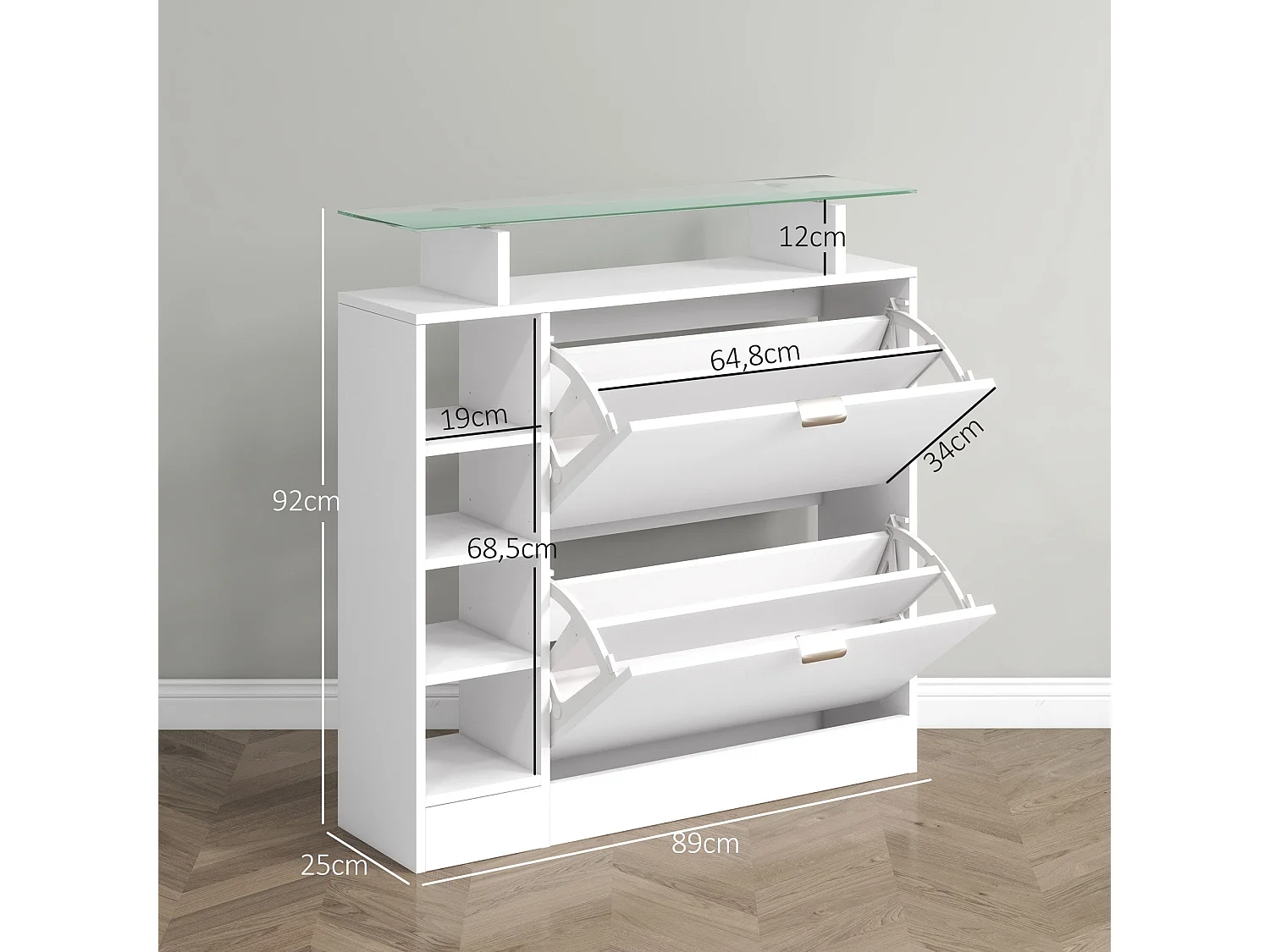 Zapatero Toby Homcom 2 cajones + 4 estantes + repisa blanco 92x89x25 cm