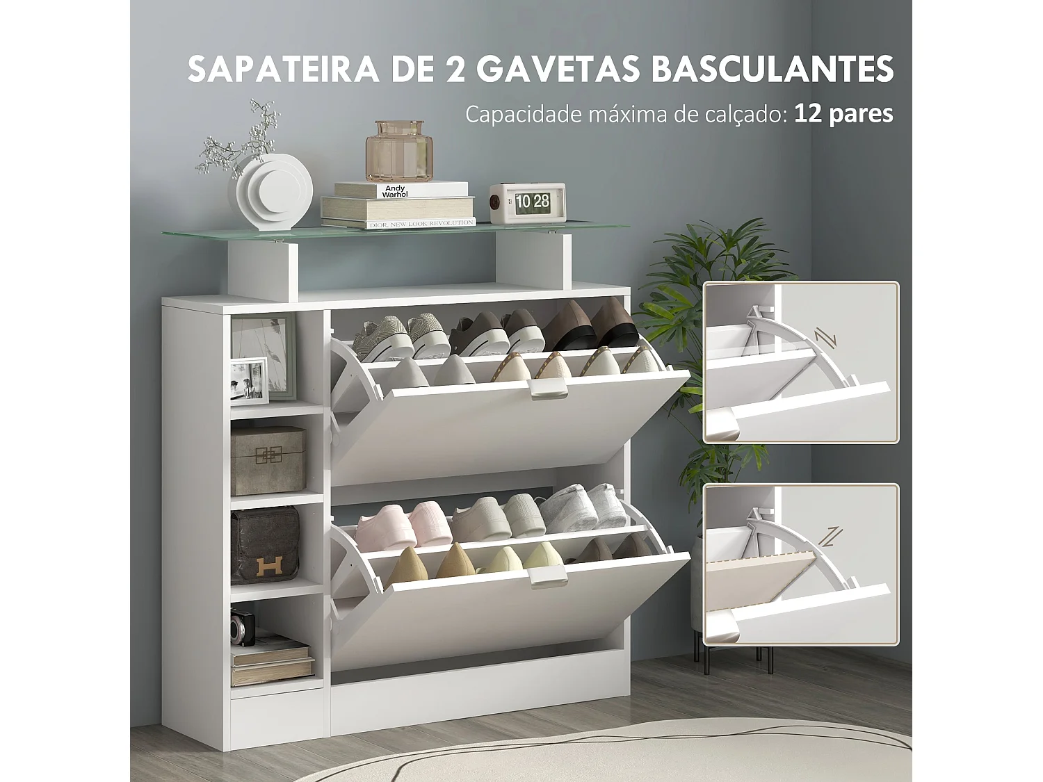 Zapatero Toby Homcom 2 cajones + 4 estantes + repisa blanco 92x89x25 cm