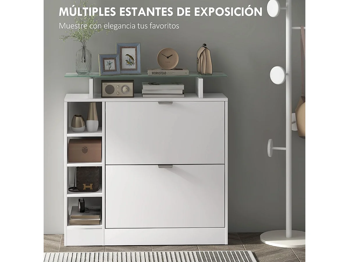 Zapatero Toby Homcom 2 cajones + 4 estantes + repisa blanco 92x89x25 cm