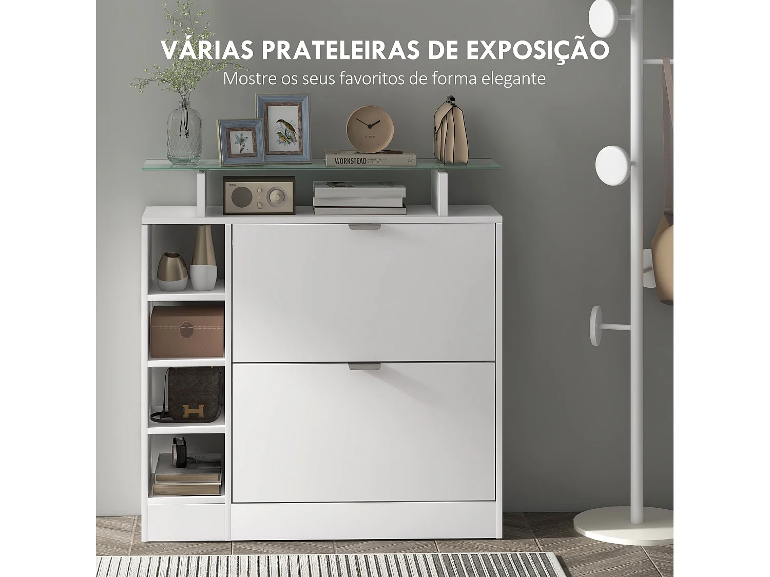 Zapatero Toby Homcom 2 cajones + 4 estantes + repisa blanco 92x89x25 cm