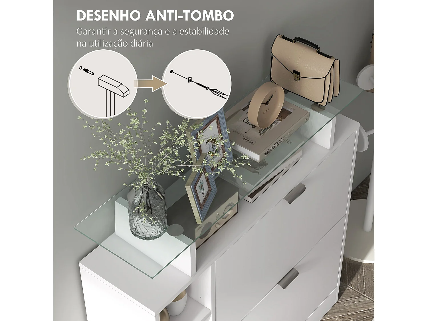 Zapatero Toby Homcom 2 cajones + 4 estantes + repisa blanco 92x89x25 cm