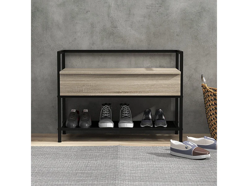 Banco zapatero Batu Homcom con tapa abatible + estante roble 61x84x39,5 cm