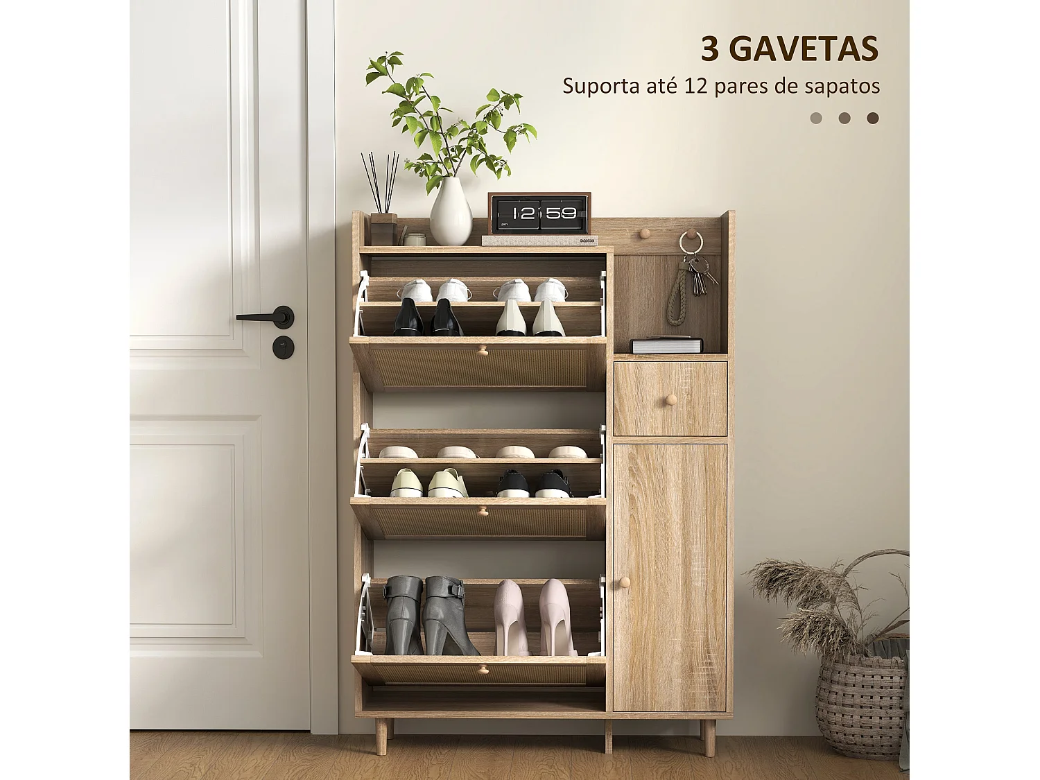 Sapateira Elegante com 3 Gavetas em Carvalho e Vime para Organização de Sapatos