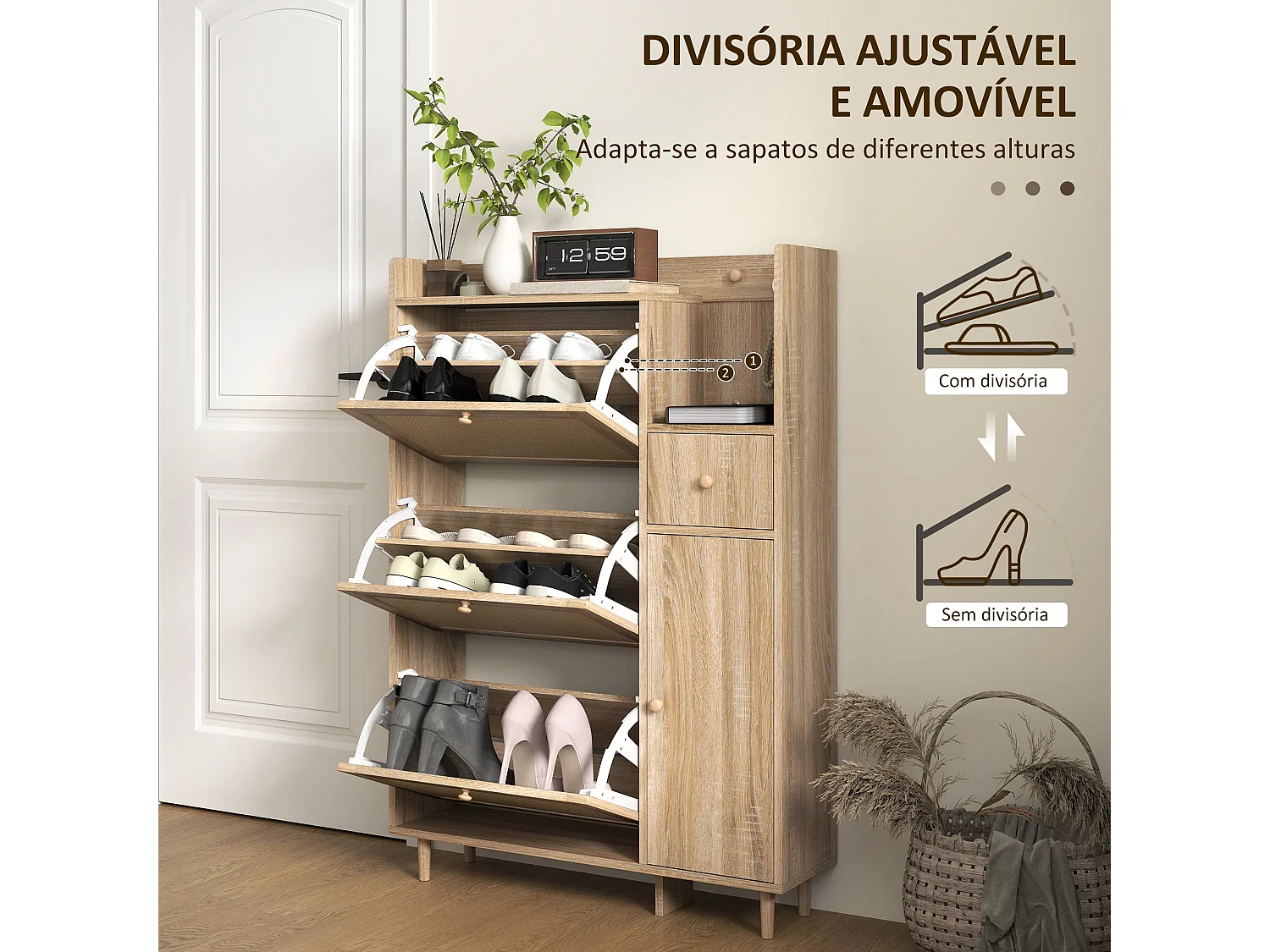 Sapateira Elegante com 3 Gavetas em Carvalho e Vime para Organização de Sapatos