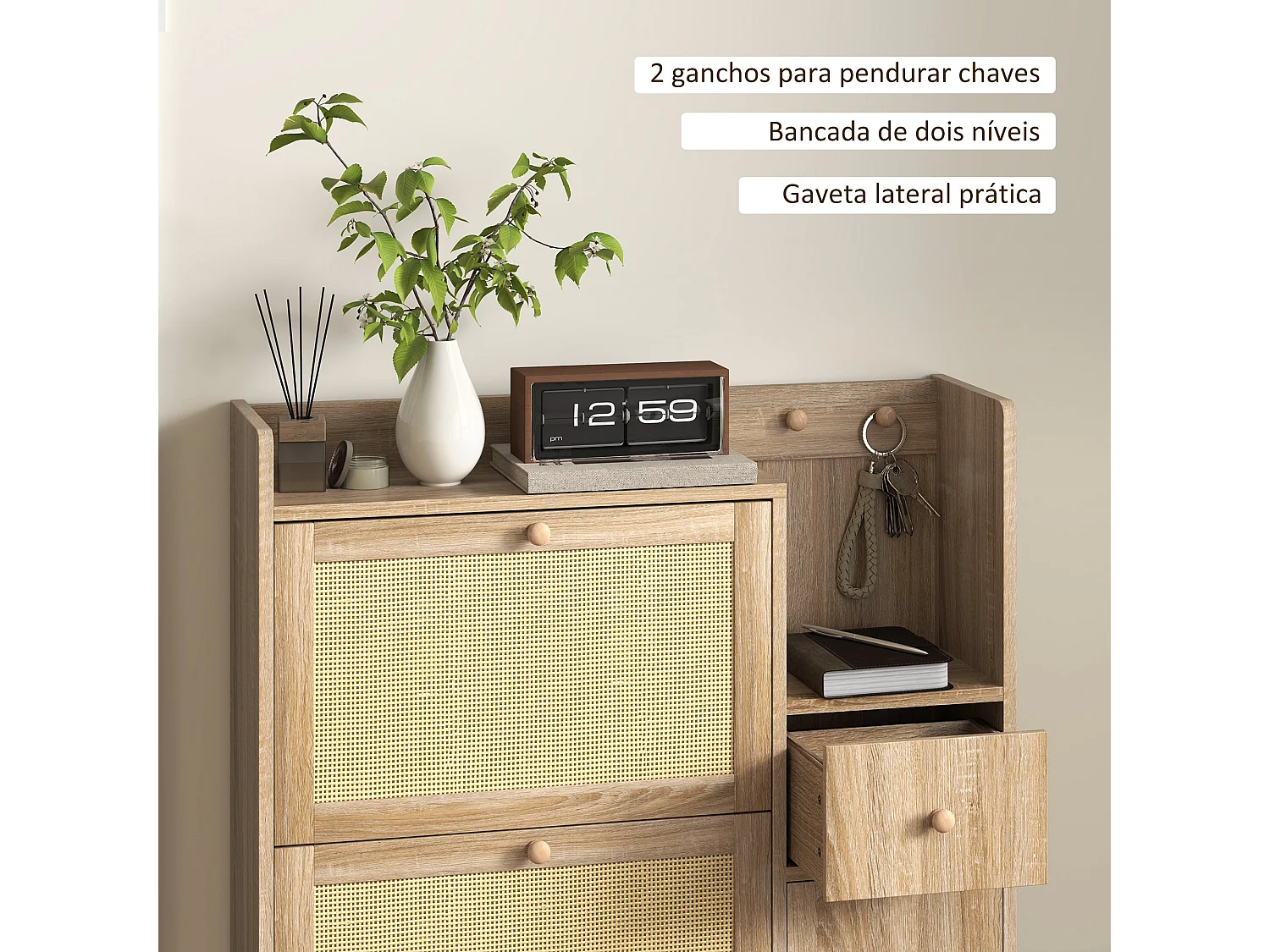 Sapateira Elegante com 3 Gavetas em Carvalho e Vime para Organização de Sapatos