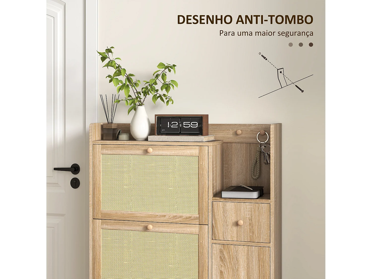 Sapateira Elegante com 3 Gavetas em Carvalho e Vime para Organização de Sapatos