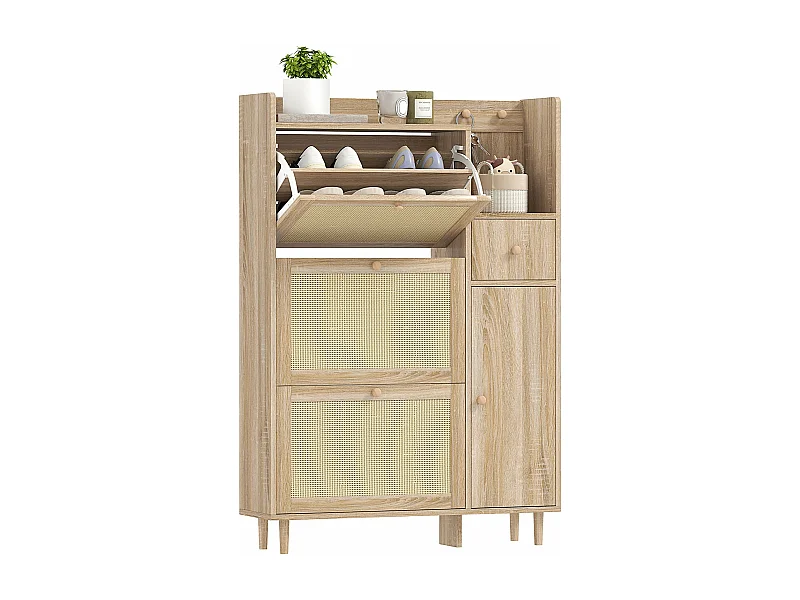 Sapateira Elegante com 3 Gavetas em Carvalho e Vime para Organização de Sapatos