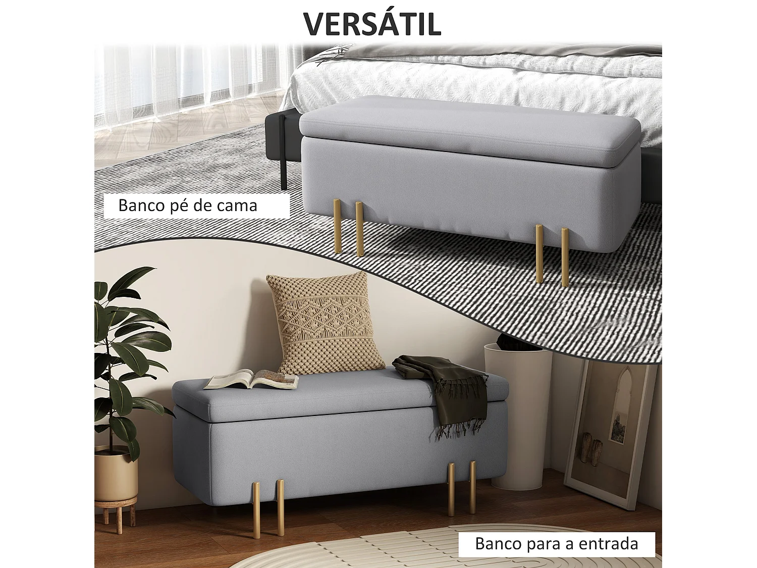 Banco com Arrumação Avignon em Veludo Cinzento Claro - 100x40x42 cm