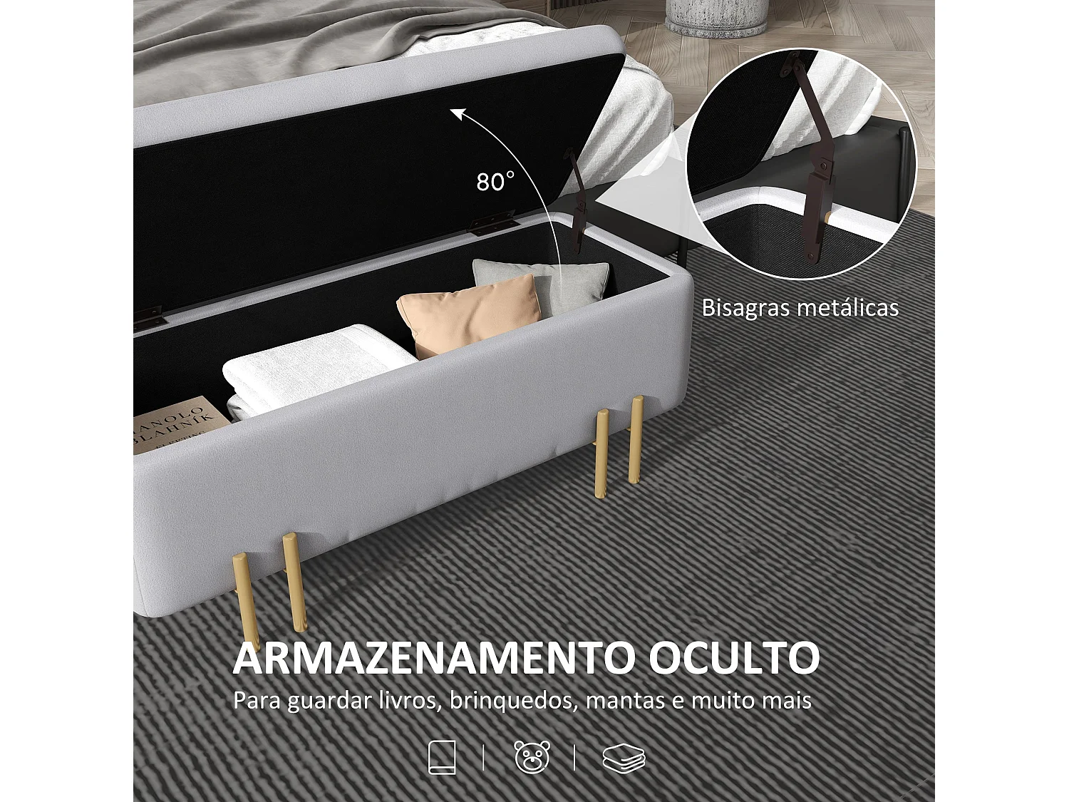 Banco com Arrumação Avignon em Veludo Cinzento Claro - 100x40x42 cm