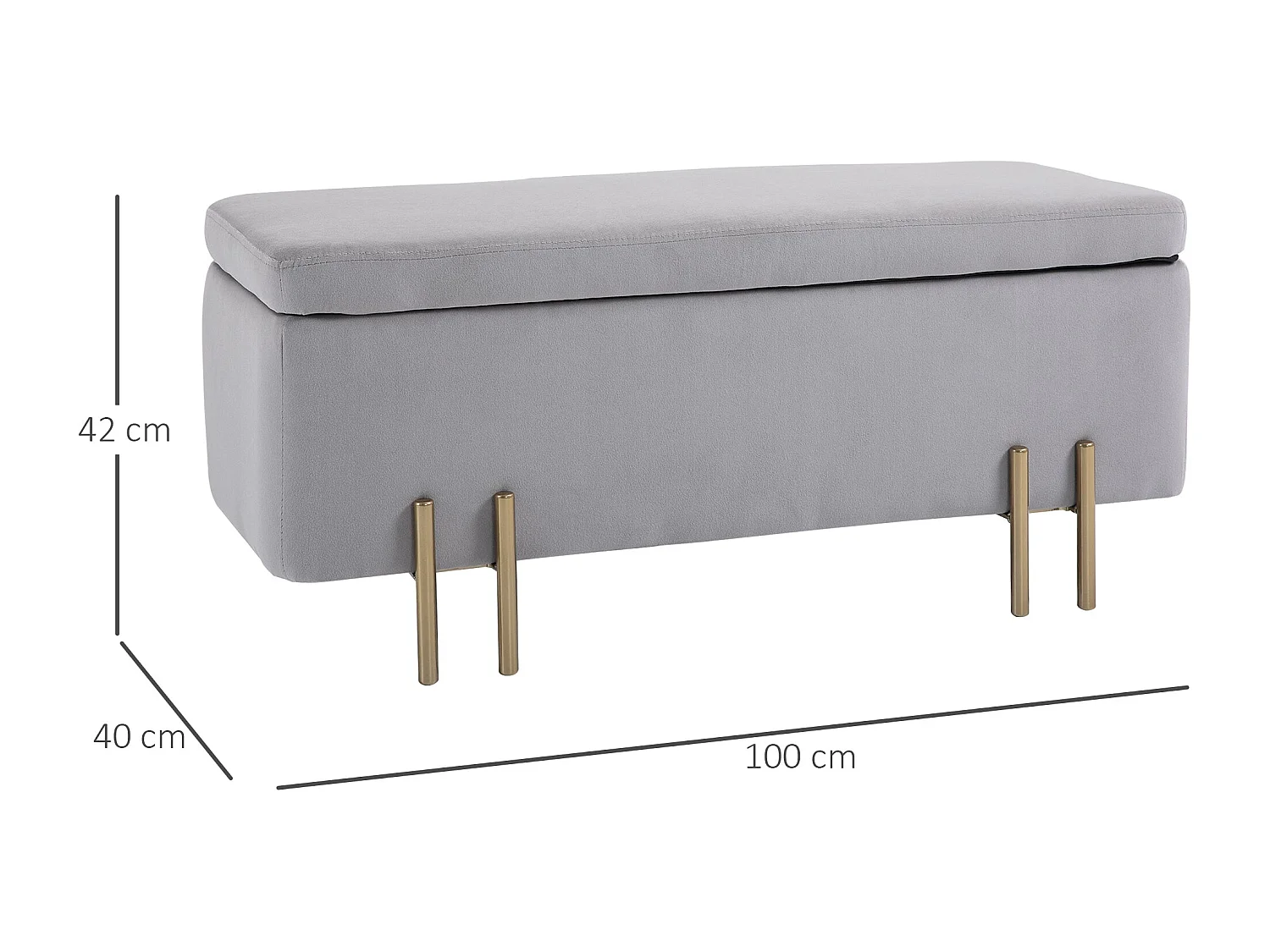 Banco com Arrumação Avignon em Veludo Cinzento Claro - 100x40x42 cm