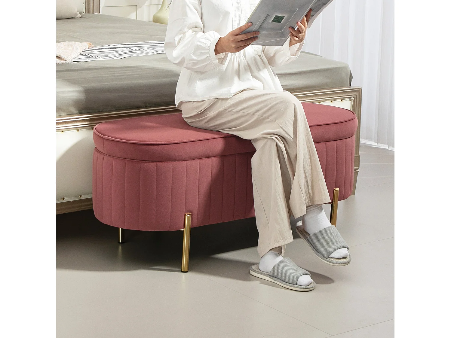 Banco de almacenaje Melocotón Homcom acolchado rosa 43,5x108x44 cm