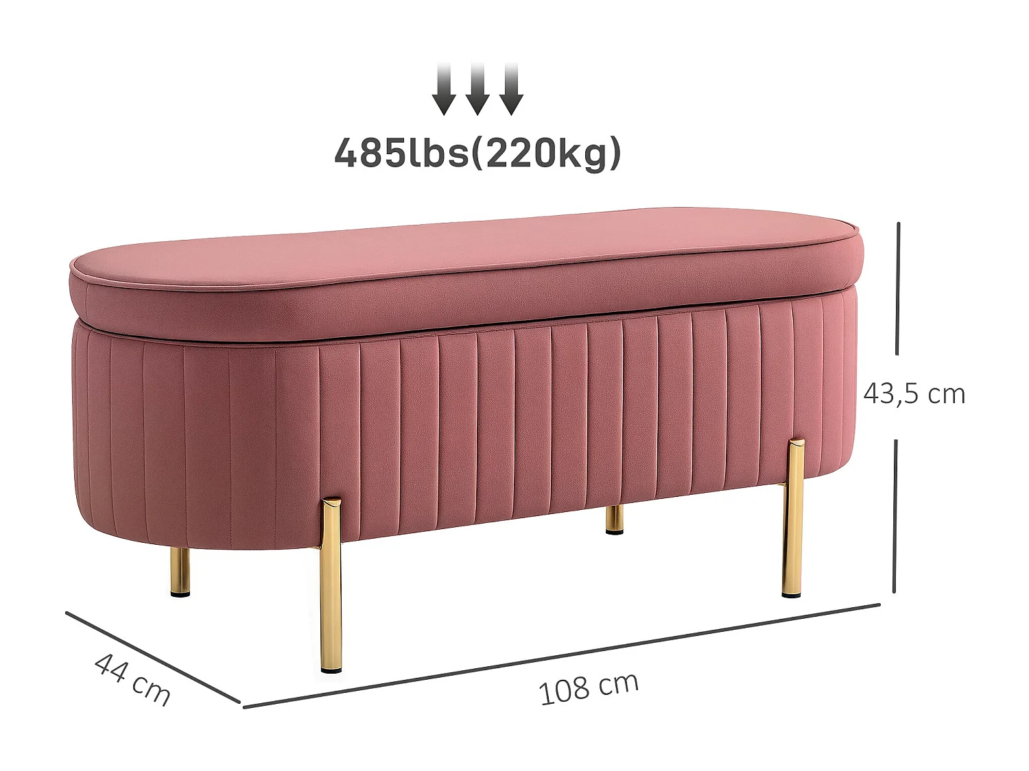 Banco de almacenaje Melocotón Homcom acolchado rosa 43,5x108x44 cm