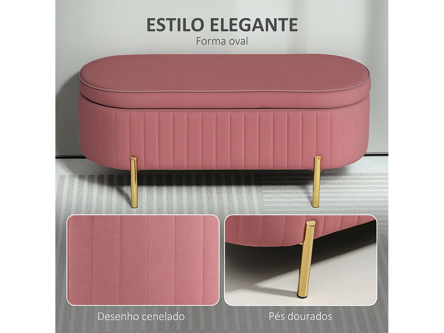 Banco de almacenaje Melocotón Homcom acolchado rosa 43,5x108x44 cm