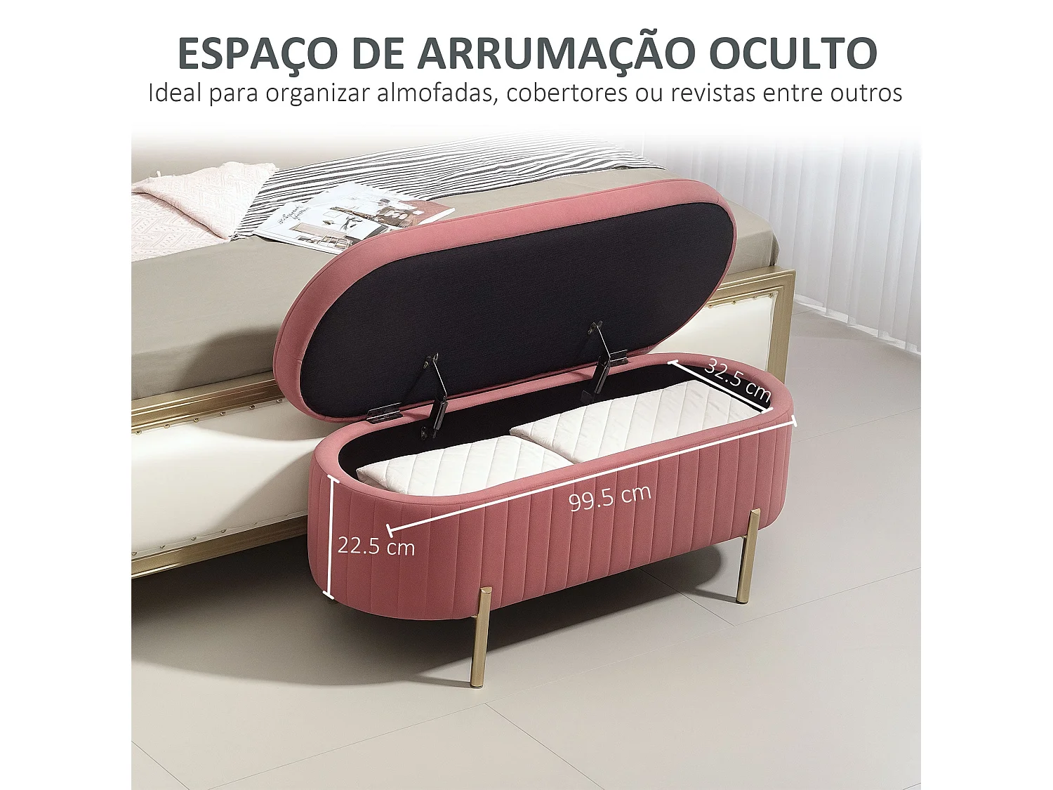 Banco de almacenaje Melocotón Homcom acolchado rosa 43,5x108x44 cm