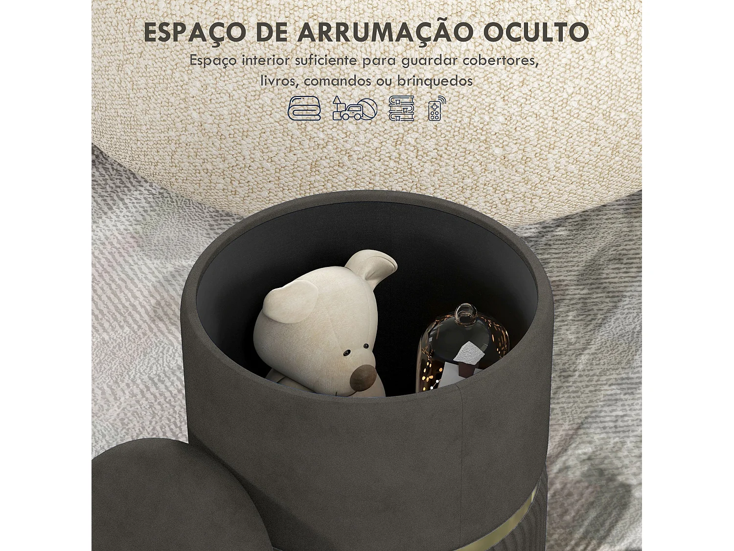 Puff almacenaje Piazza Homcom acolchado gris Ø36x44 cm