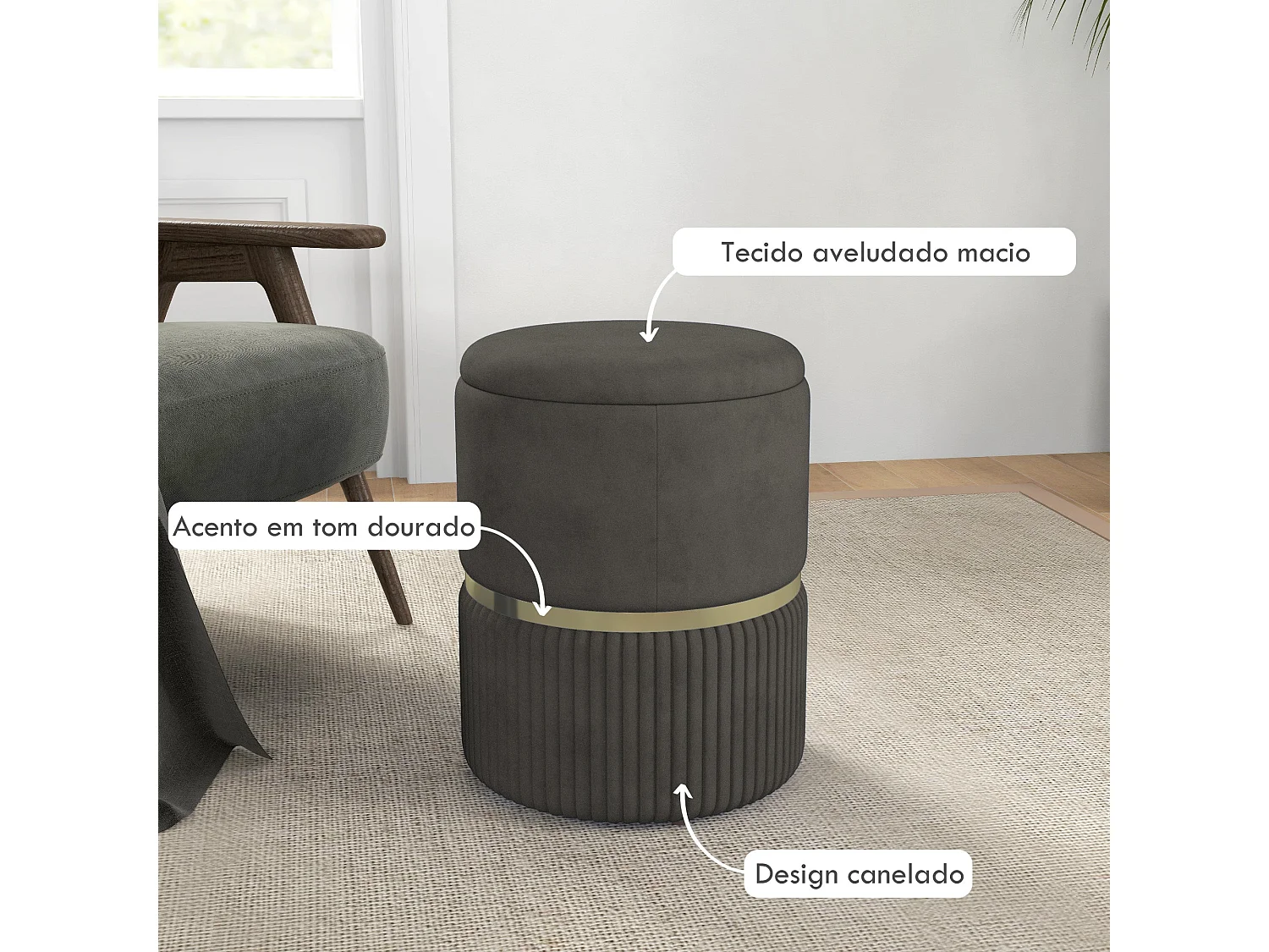 Puff almacenaje Piazza Homcom acolchado gris Ø36x44 cm