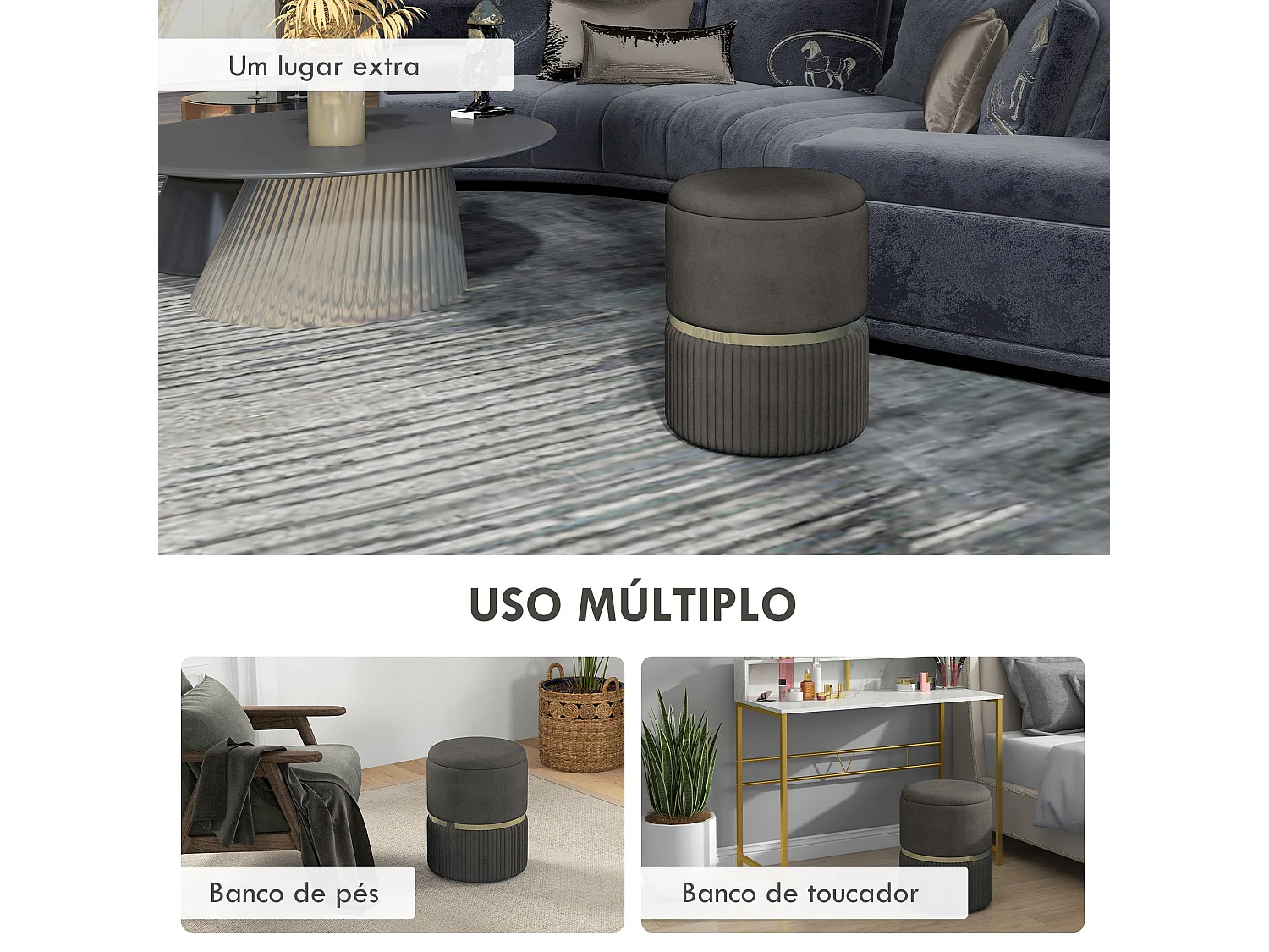 Puff almacenaje Piazza Homcom acolchado gris Ø36x44 cm